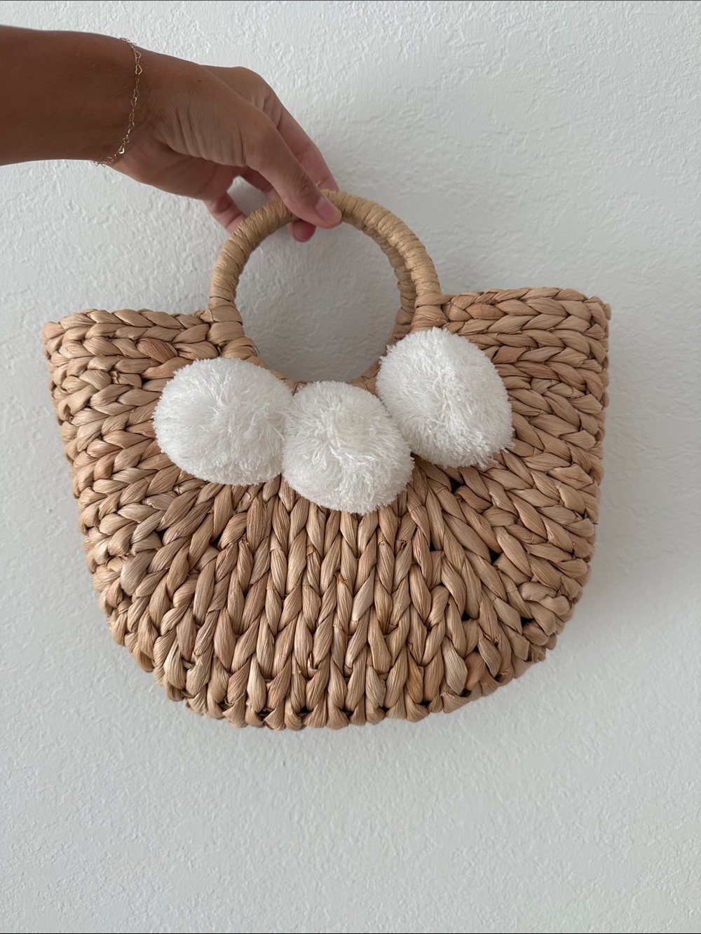 Goodnight Macaroon Natural Straw Tote with White Pom Detail